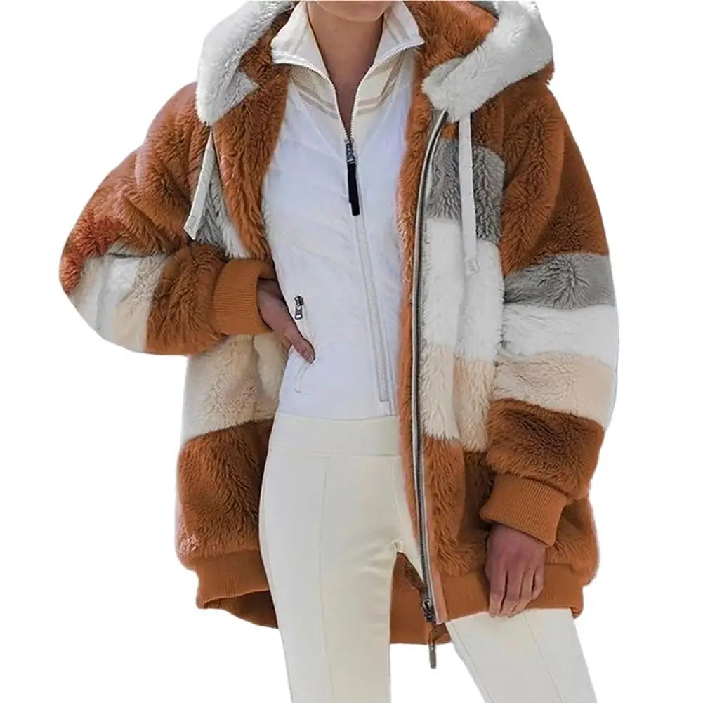 Stylish Lady Jacket Color Block Fluffy Winter Coat with Hat Plush Lady Autumn Jacket