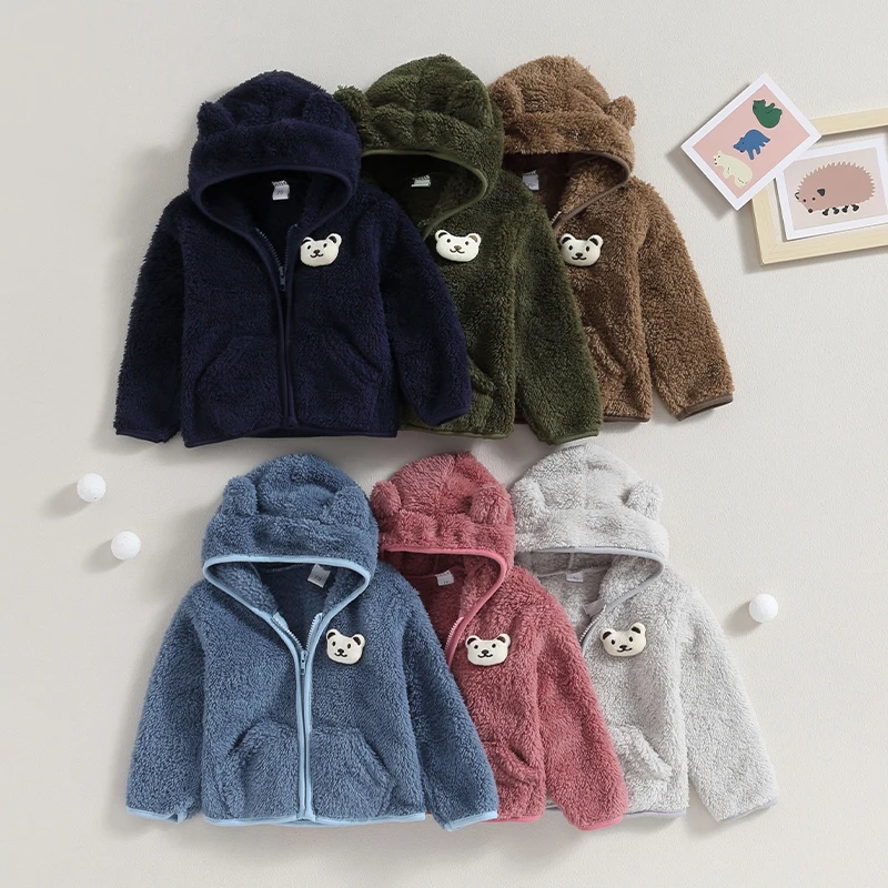 0-18M Hooded Coat Baby Boy Girl Fuzzy Jacket Brown Winter Warm Clothes 3D Bear Zipper Sweatshirt Closure Fleece Top Outerwear