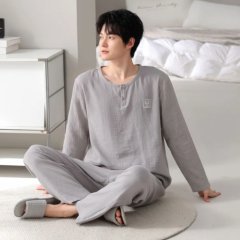 Two-layer gauze Autumn and Spring new pure cotton men's long-sleeve long pants solid pajamas casual plus-size M-4XL loungewear