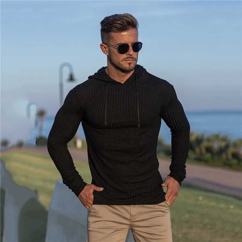 Men's Knitted Hooded Long Sleeve Running T-shirts Autumn Slim Fit Hoodies Stripes Casual Gym Fitness Pullover Sports Tees Shirts