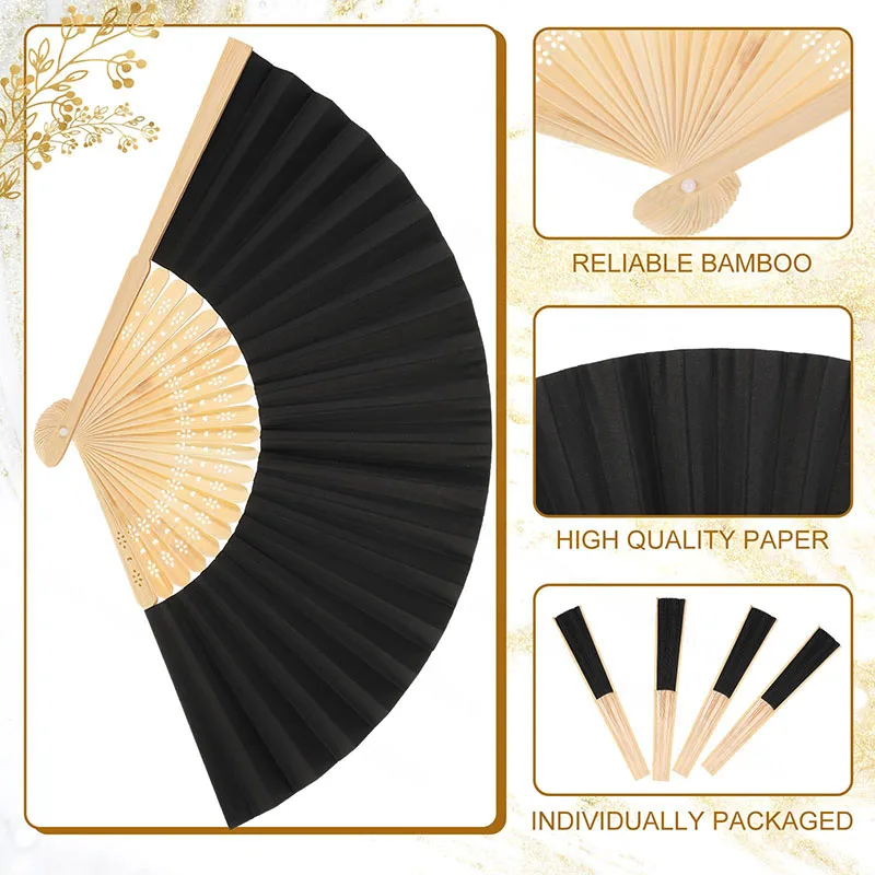 240-40Pcs Wedding Hand Fans Guests Folding Fans White Bamboo Fan with Fabric Bag Engagement Paper Fan Black Prop Fan for Dancing