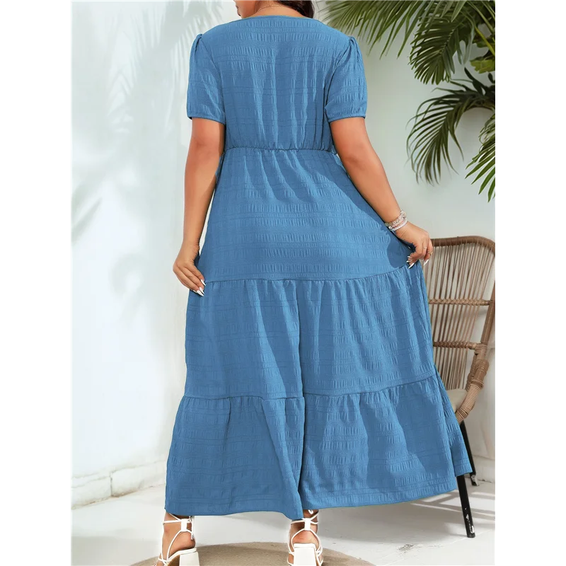 NUOVO-Vestito lungo da donna con scollo quadrato a strati, vestibilità ampia, casual, con schiena smockata, senza maniche, da spiaggia