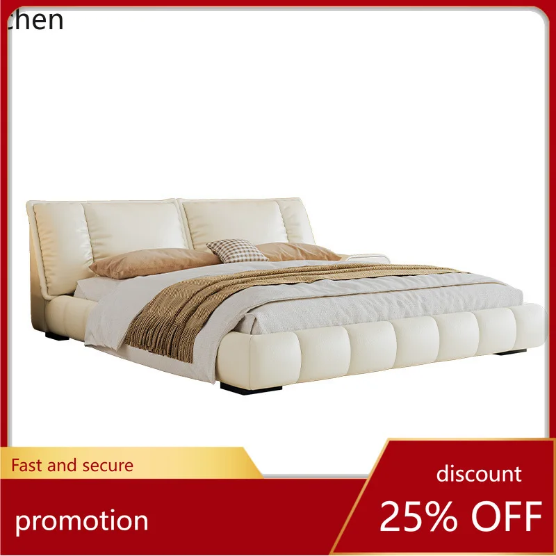 

ZML Bed Double Master Bedroom High-End Elegant Bed New Genuine Leather Soft Sailboat Bed