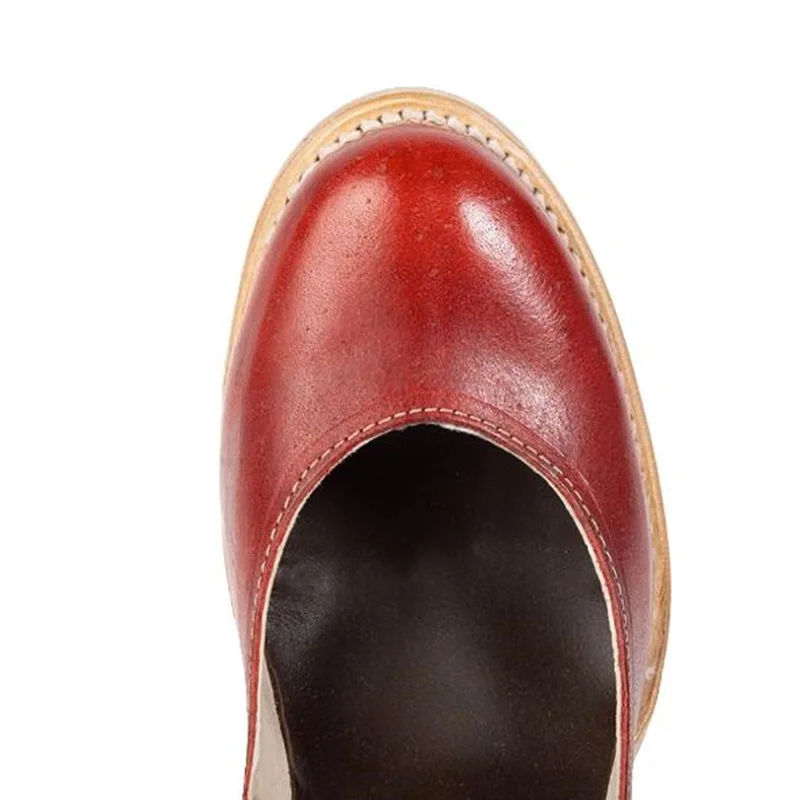 Belt Buckle Strap Mary Janes Shoes Retro Red Burnished Leather Chunky Heels Round Toe Women Shoes