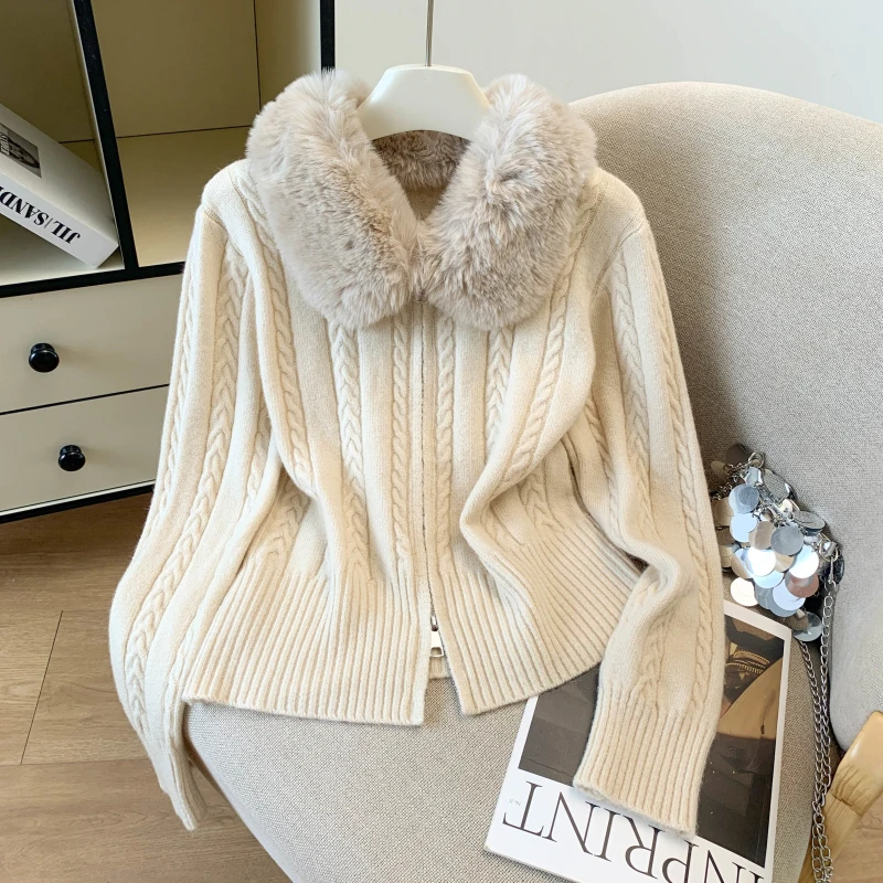 Autumn  Winter New Style Slim-fitting Short-Length  Fried Dough Twists Knitted Cardigan Double-headed Zipper Fur Collar Sweater