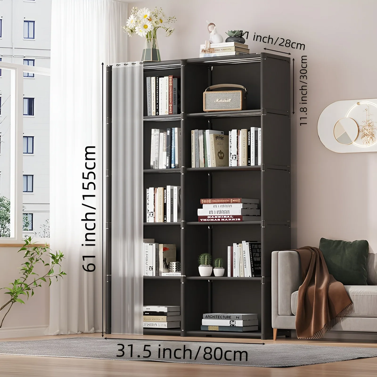 6-lagiger Schlafzimmer-Kleiderschrank, Aufbewahrungsregal, Kleiderschrank mit Vorhang – staubdichter Organizer für Steppdecken, Kleidung, Decken, Bücherschuhe