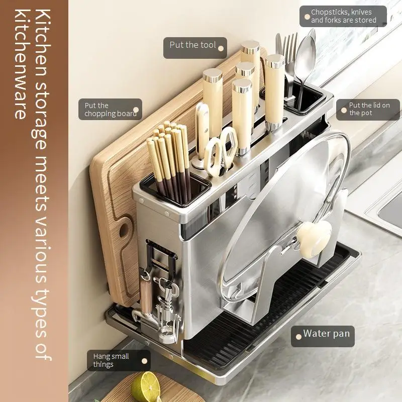 

Multifunctional Stainless Steel Kitchen Storage Rack Integrated Organizer Knife Cutting Board Chopstick Holder Countertop Storag