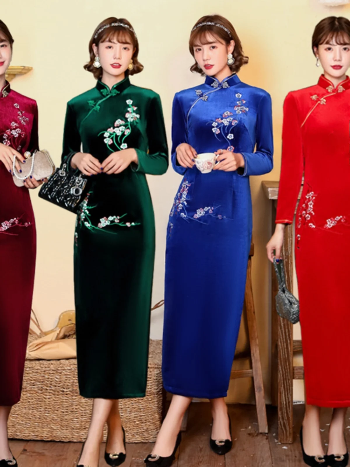 

Ele Simple Embroidered Long Collar Qipao Vintage Sle High Slit Daily Wear Long Sve Floral Patterned Chinese Sle Dr