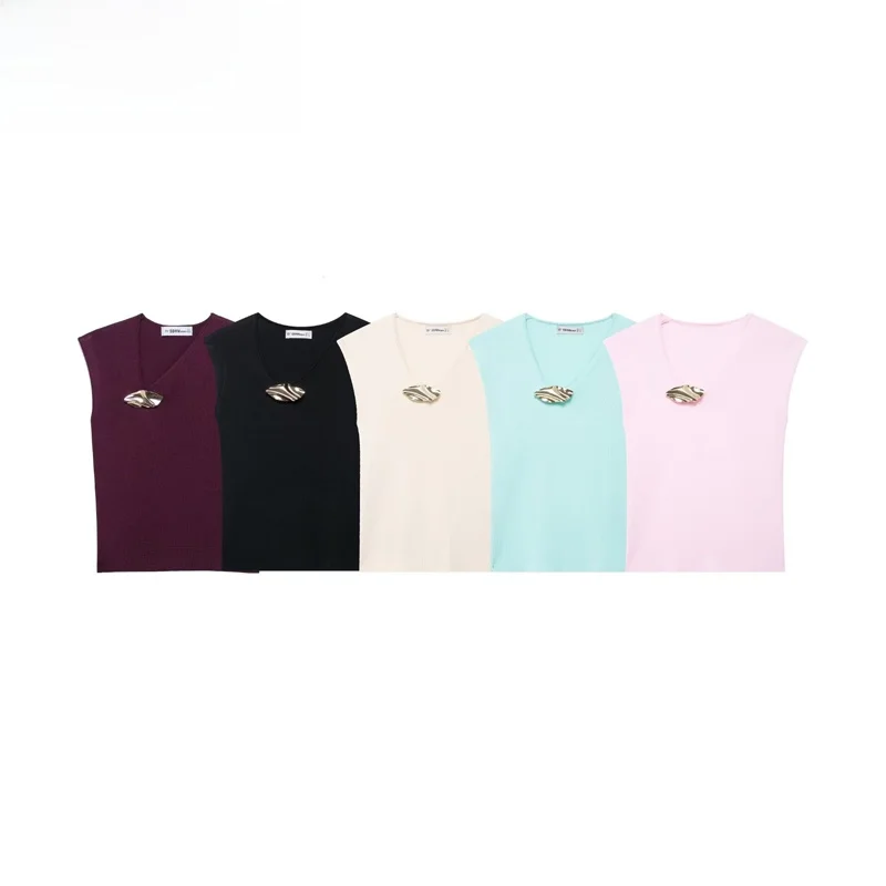 

ZBZR Spring New Women's Faion Gold Embellied Punk Sle Svel Knitted Top Polyester Fiber V-Ne Regular Length