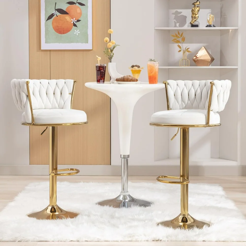 Bar Stools Set of 2, Adjustable Barstools Counter Height Stools with Back and Arm, Velvet Woven Kitchen Island Stools w/Gold Leg