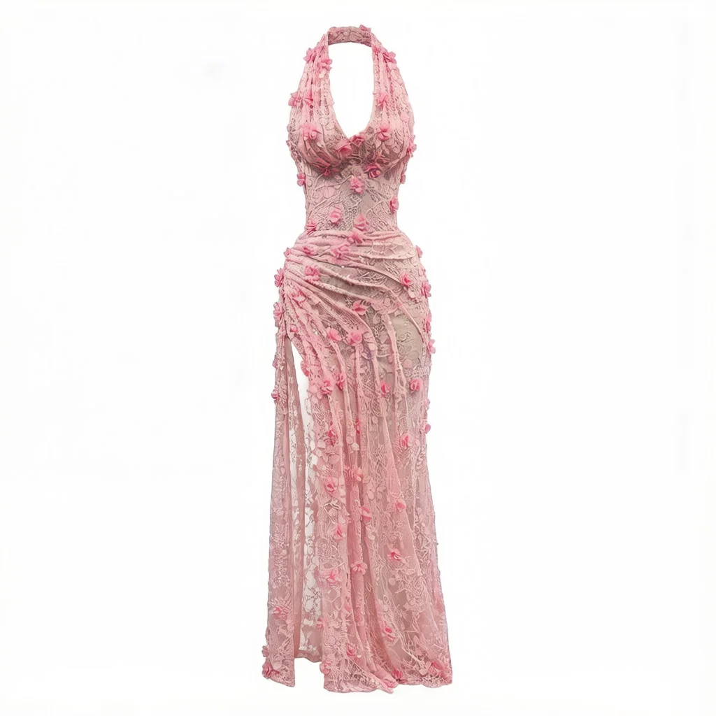 

Gorgeous Pink 3D Floral Side Slits Mermaid Evening Dress Halter Sequins Off-the-shoulder Luxury Cocktail Prom Vestidos 2026