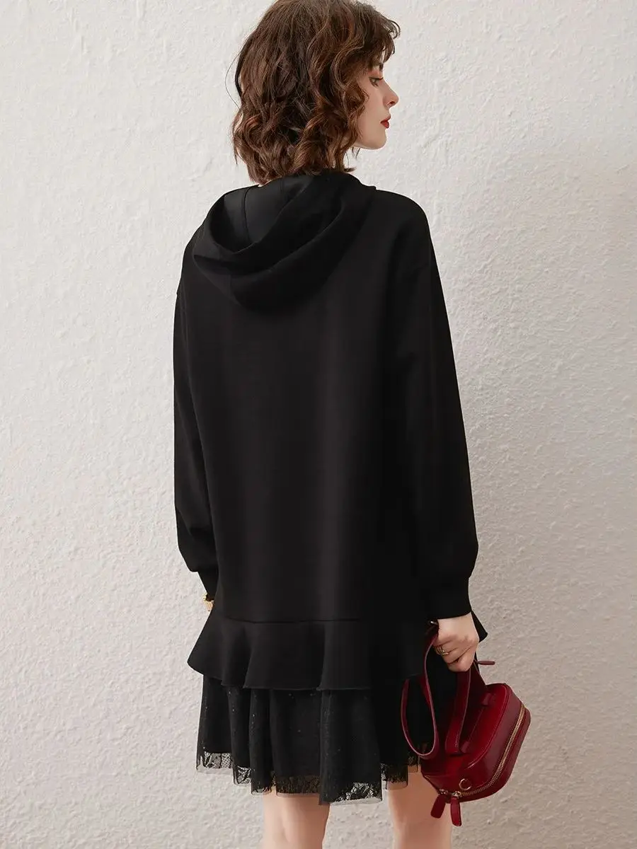 LOUIS YAO Women Hooded Sweatshirt Dress 2023 Autumn Lazy Style Drop-shoulder Long-sleeve Patchwork Mesh Dress