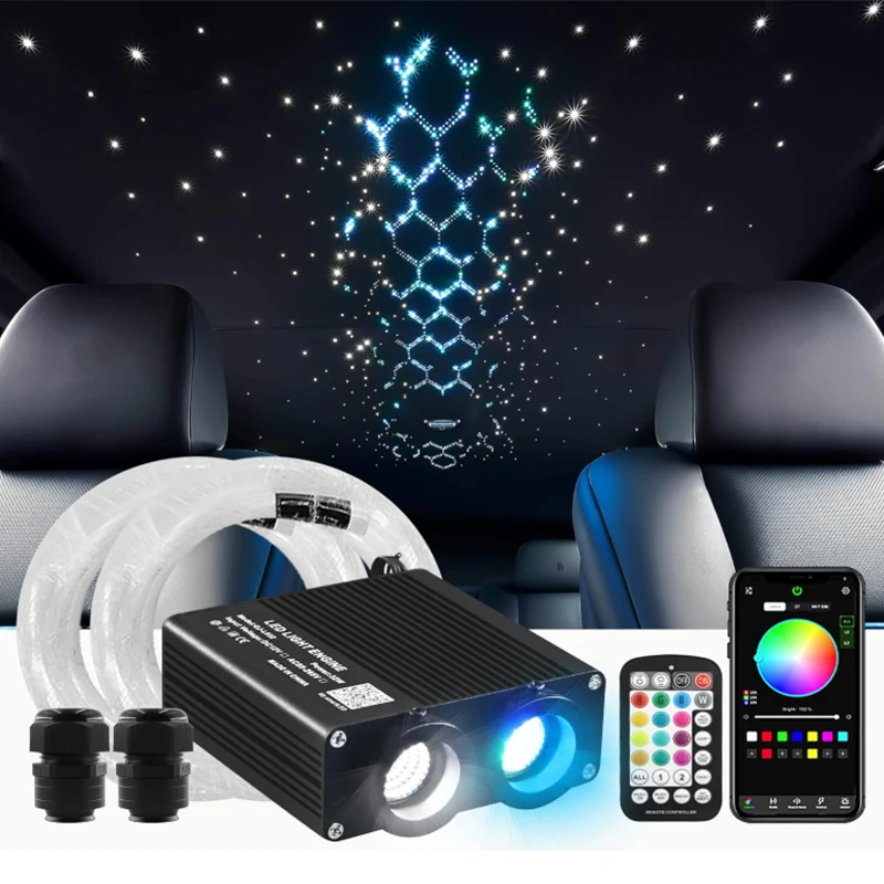 

NEW Optic Fiber Lights Double Heads Smart APP Twinkle Light engine RF control Cable Starry Effect Ceiling RGBW WAPP LED QJ-L032
