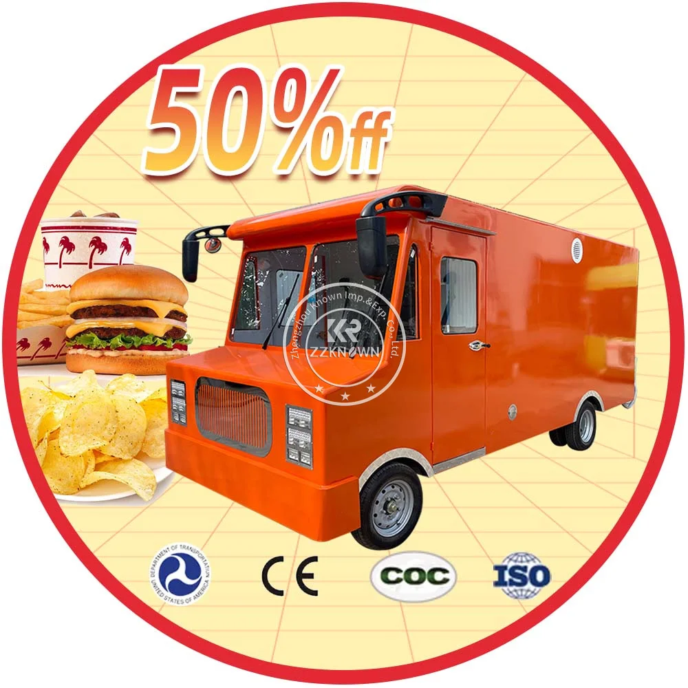 SPOT STOCK!! Shipping Now!! 5M Orange Color Mobile Food Truck Fast Food Cart Outdoor Restaurant with Fully Kitchen Equipment