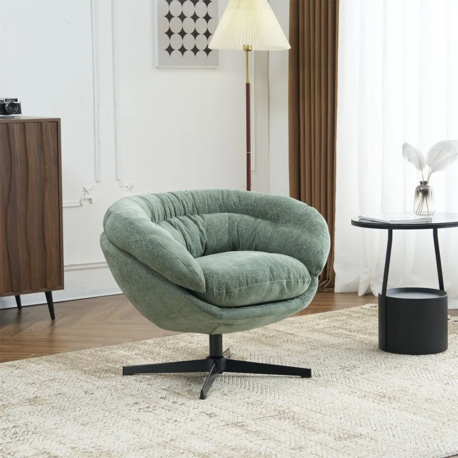 COMFY Chenille Upholstered 360° Swivel Club Chair/Accent Chair with Removable Cushion Round Office Chair with Black Metal Base