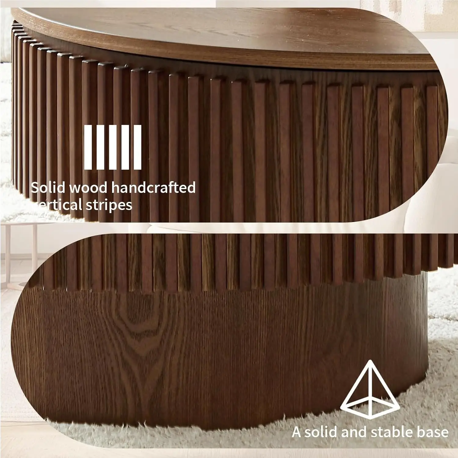 Walnut Round Fluted Coffee Table with Storage for Living Room, Customized