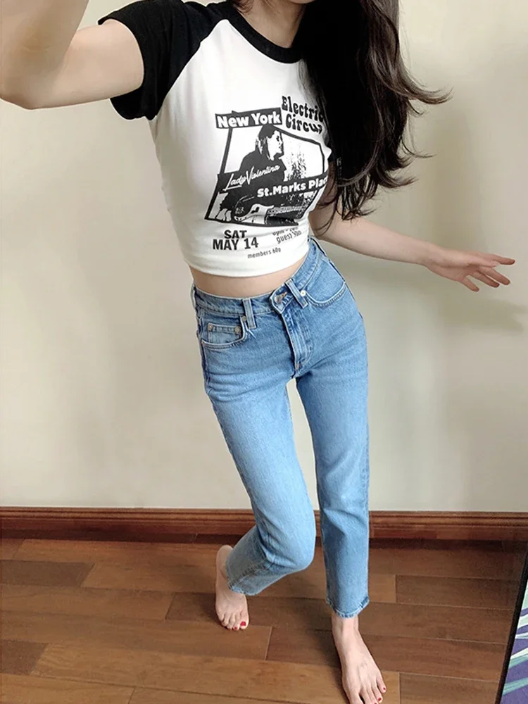 Blue Jeans Women street wear 2024 American High Waist Straight Tube Denim Pants Clothes Y2k Cargo denim Jeans Korean Dongdaemun