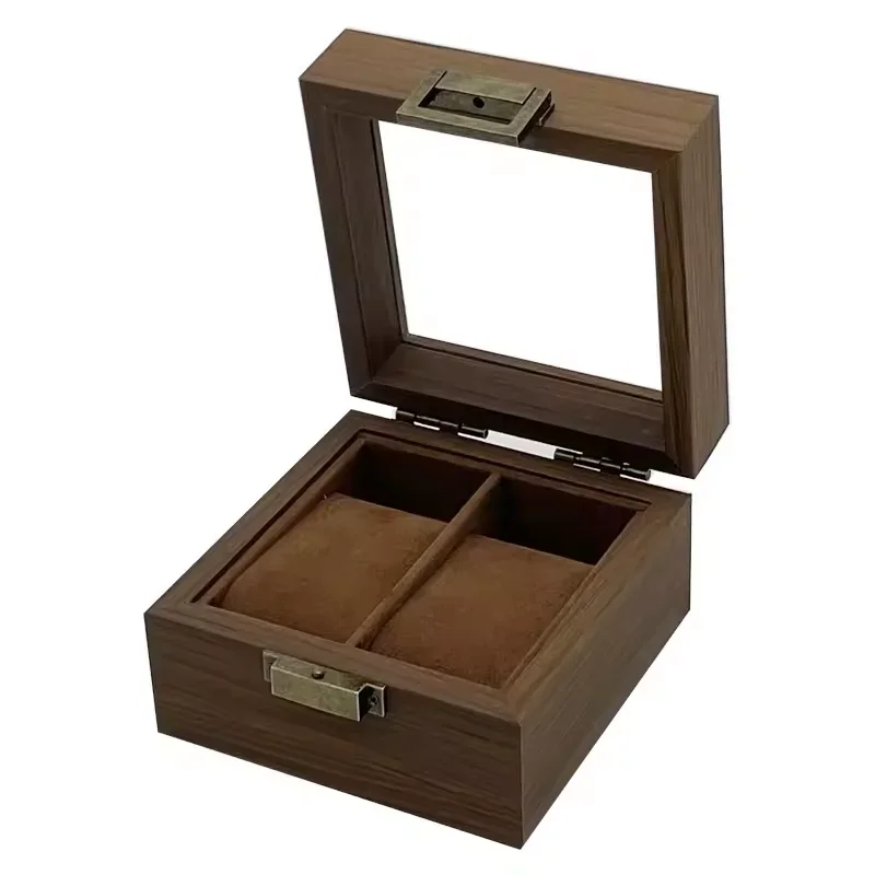 Vintage Brown Walnut Wood 2-Slot Watch Organizer Display Box Packaging Storage Box Case With Glass Window