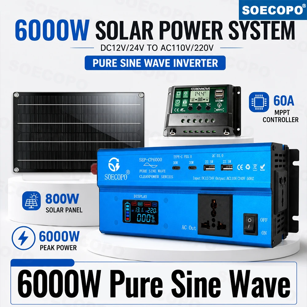 800W Solar Panel Kit 6000W Pure Sine Wave Inverter 60A MPPT Controller DC 12V 24V AC 110V or 220V Backup with Multiple Outputs