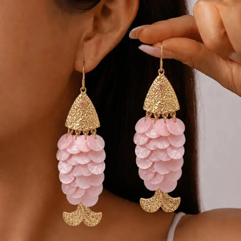 Mediterranean Big Fish Statement Earrings Delicate Shell Scale Dangle Earrings for Women Anniversary Gift