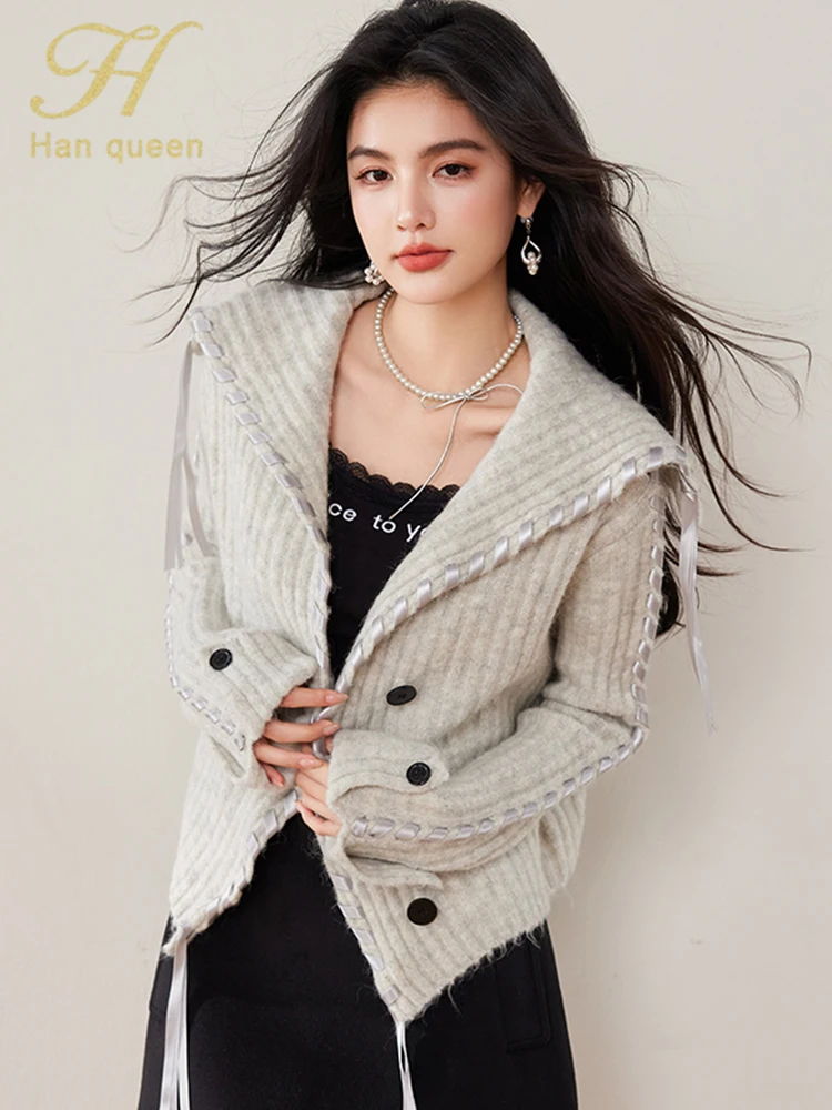 

H Han Queen Autumn Cardigan Sweaters Outerwears Korean Elegant Simple Basic Knitted Coats Sweater For Womens Tops Long Sleeve