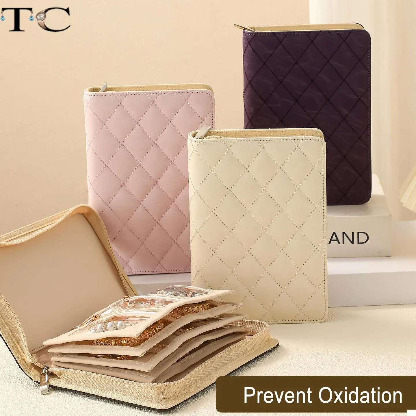 Portable Waterproof PU Leather Zipper Jewelry Storage Pouch with Removable Transparent Pockets to Prevent Jewelry Oxidation