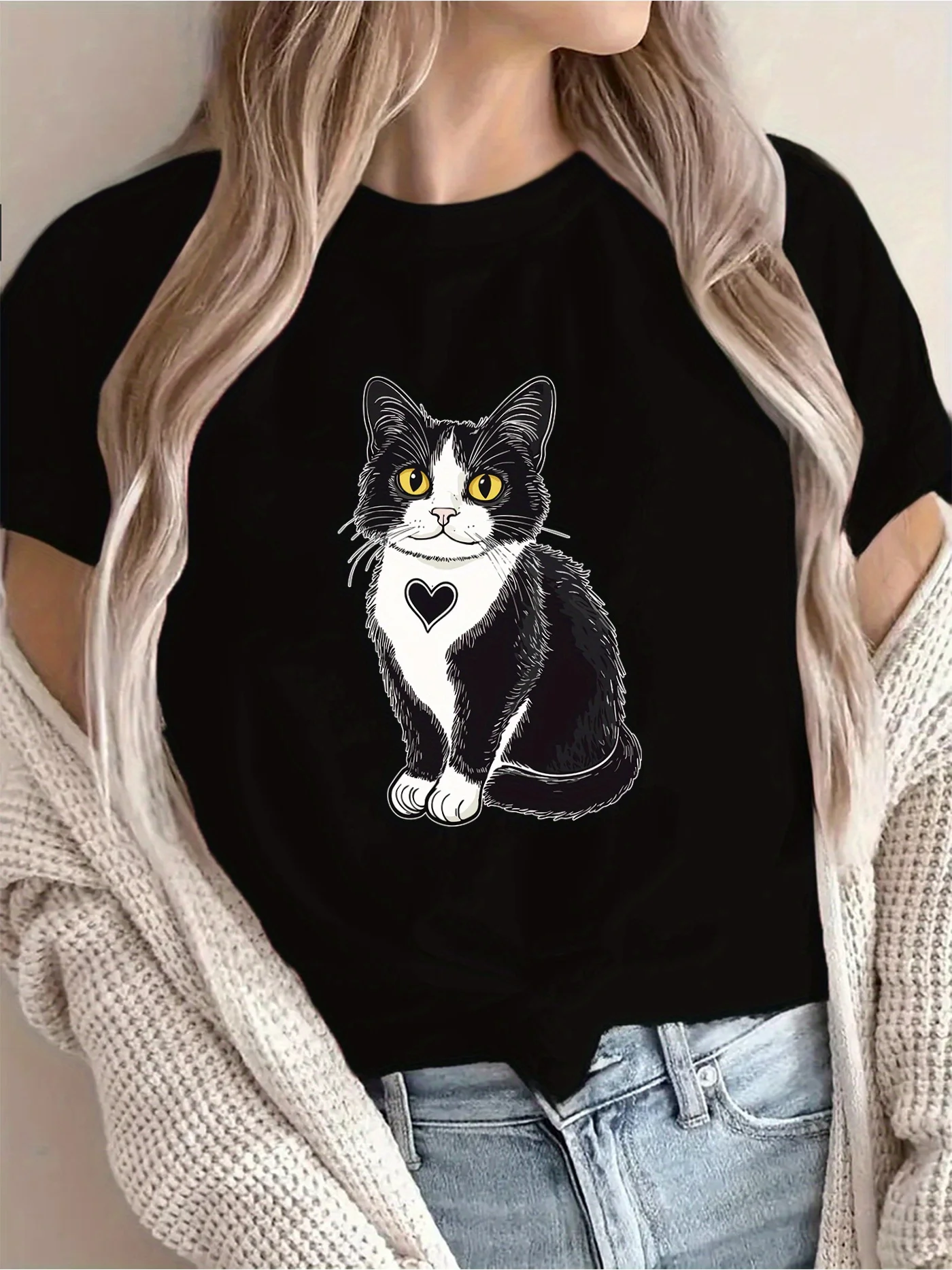 المرأة السوداء تي شيرت لطيف القط القلب تصميم عارضة قصيرة الأكمام جولة الرقبة الربيع والصيف لعوب القط القط عشاق الرسم الأعلى #2