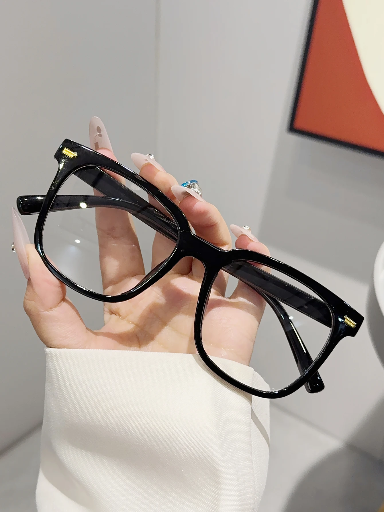 1pc simple black thick frame glasses, mirror arm, metal strip design, business leisure travel, all-match decorative glasses