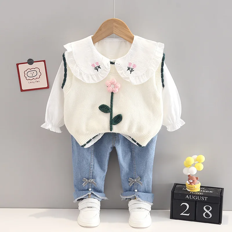 Spring newborn Baby Girls\' Clothes Outfit sets Knitted Vest Shirt Bow Jeans suit for Girls Baby clothing 1st birthday wear sets