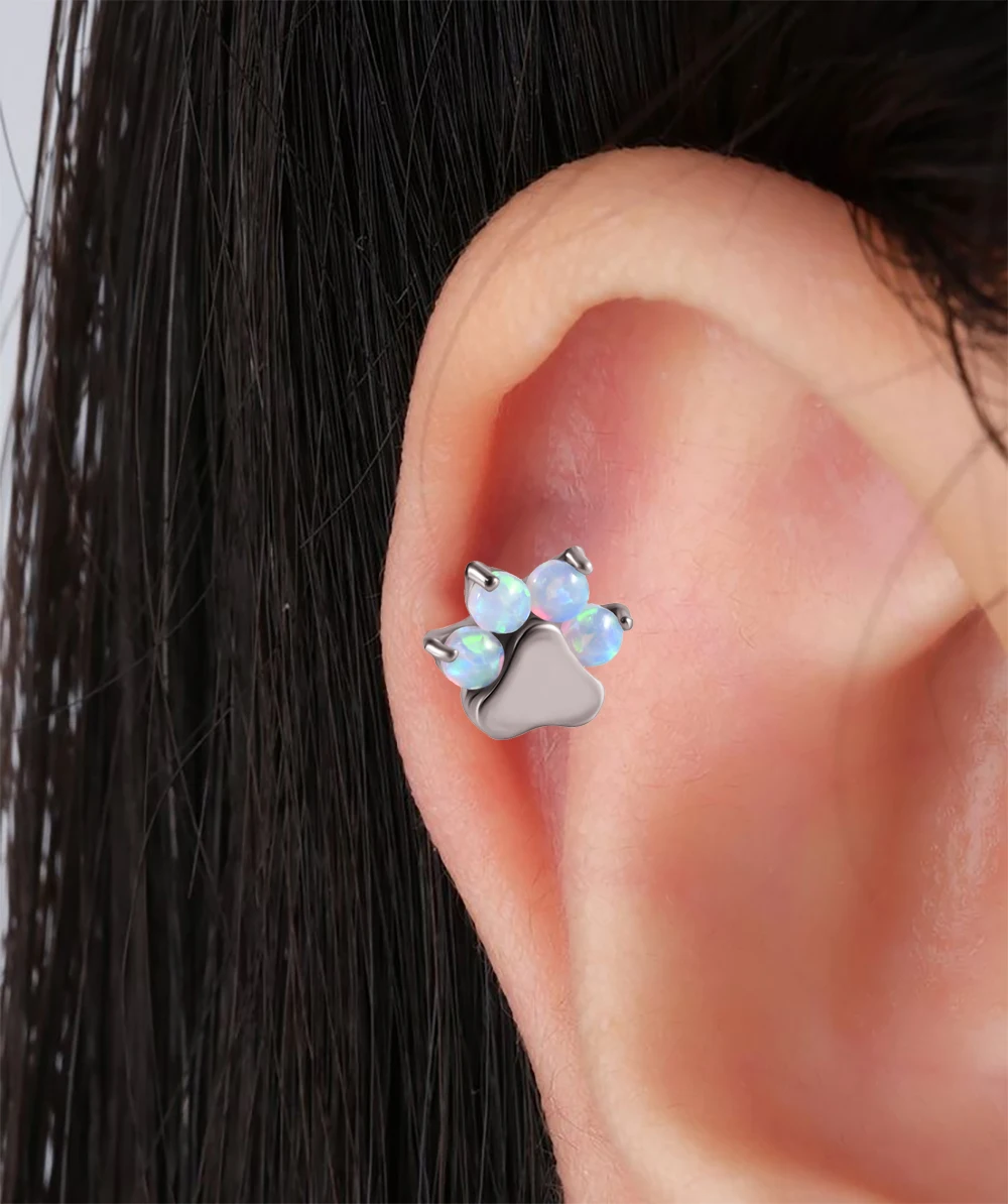 1PC Dog Paw Print Inlaid Opal Labret Implant Grade Titanium Internal Threaded Cartilage Stud Conch Helix Flat Tragus Earring