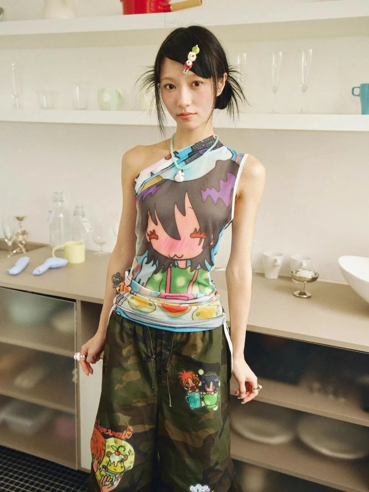 

Y2k сетчатый топ с открытыми плечами и принтом, женская летняя облегающая футболка без рукавов в стиле Харадзюку, готический жилет в стиле гранж, уличная одежда