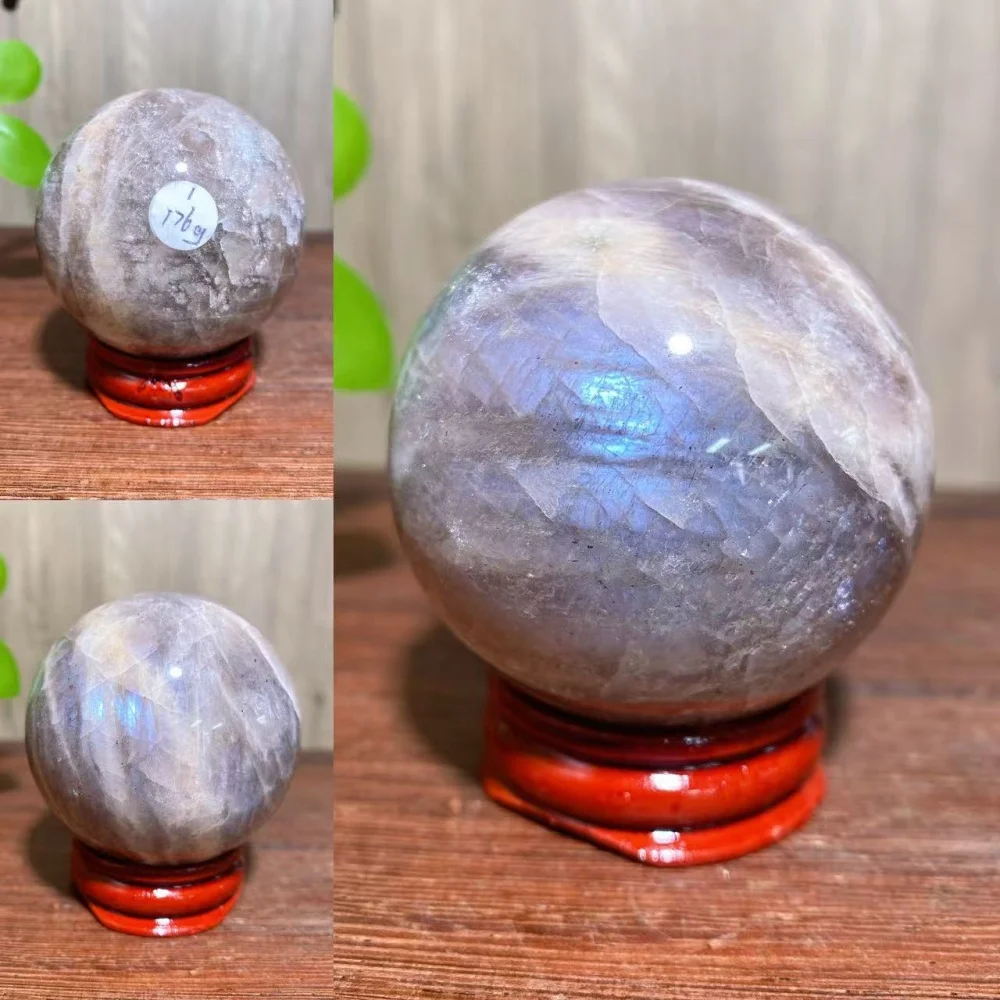

1PCS Natural Blue Flashy Moonstone Stone Sphere Gemstone Healing Crystal Reiki Energy Home Decor Ornaments Gifts+Stand