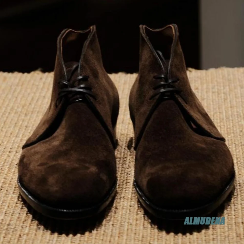 Street Style Men Ankle Boots Coffee Brown Suede Simple Lace-Up Low Flat Heel Outdoor Trendy Business Formal Daily Short Boots