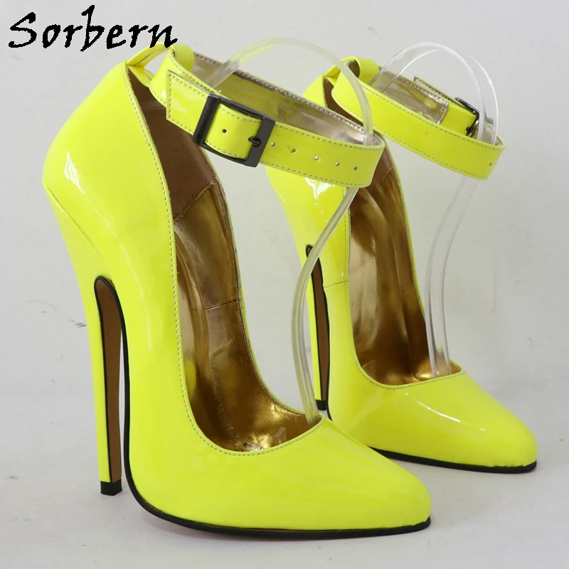 Sorbern 16Cm High Heel Women Pump Neon Yellow Wide Ankle Strap Pointy Toe Stilettos Sexy Heels Party Shoe Footwear Custom Colors