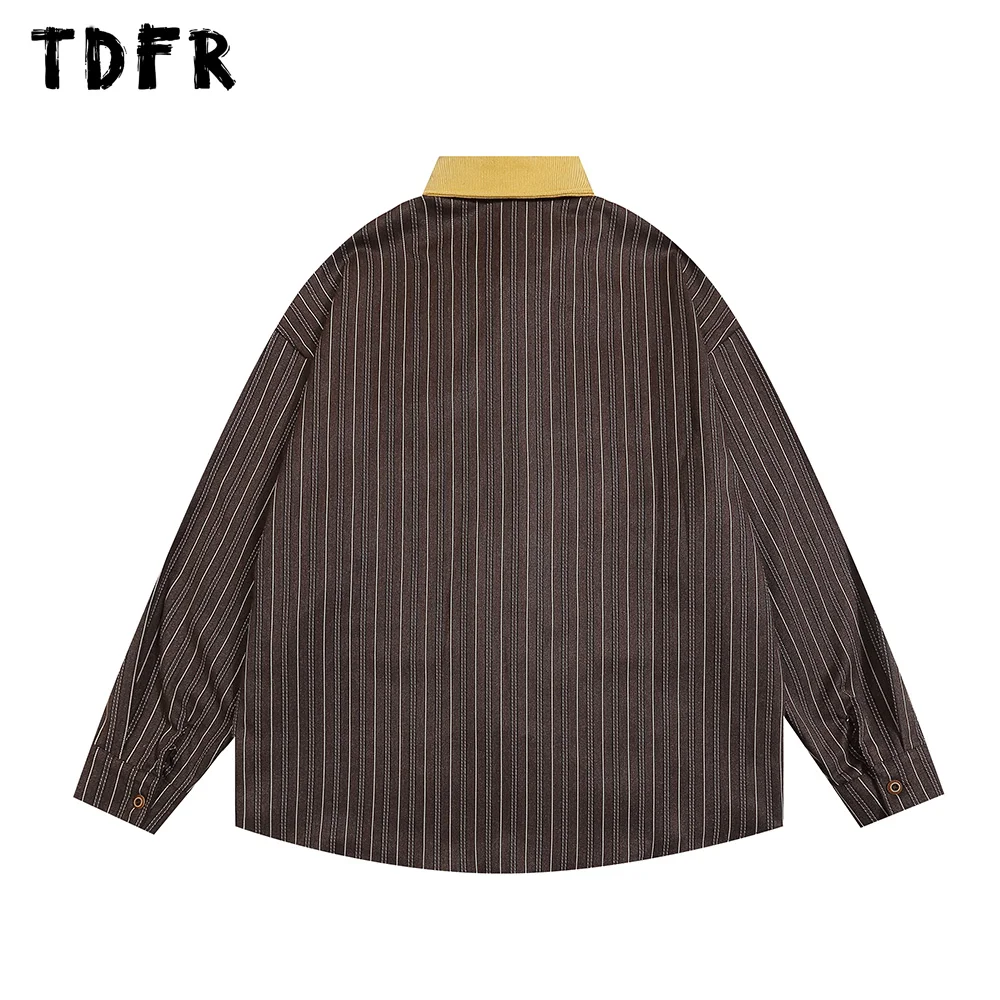 Retro Embroidery Striped Shirts Mens Autumn Casual Streetwear Spliced Lapel Single Breasted Long Sleeve Shirts Men