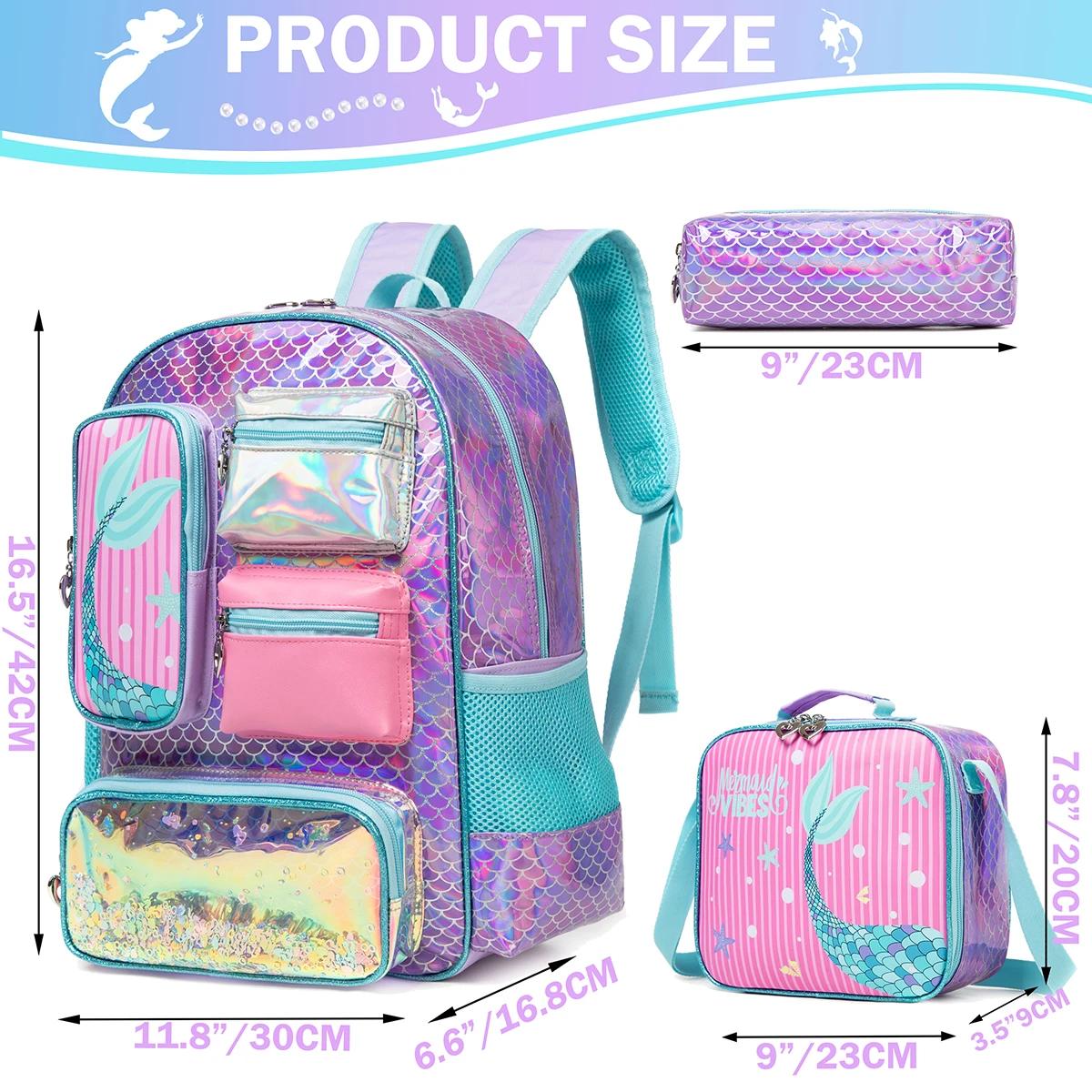 Meetbelify Mermaid Backpack for Girls Bookbag for Girls with Lunchbag and Penbag for Elementary Students