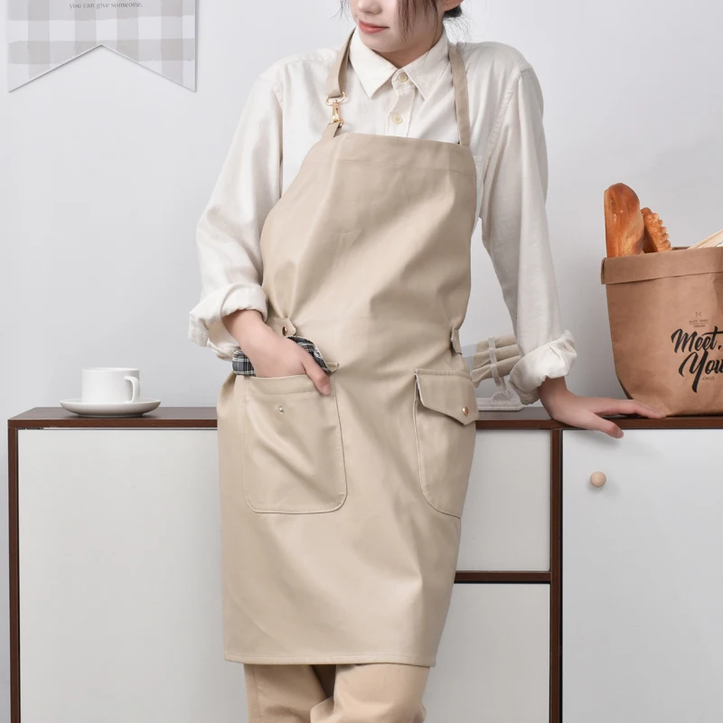 PU leather waterproof apron oil-proof home kitchen cooking simple style men and women fashion custom work waiter apron