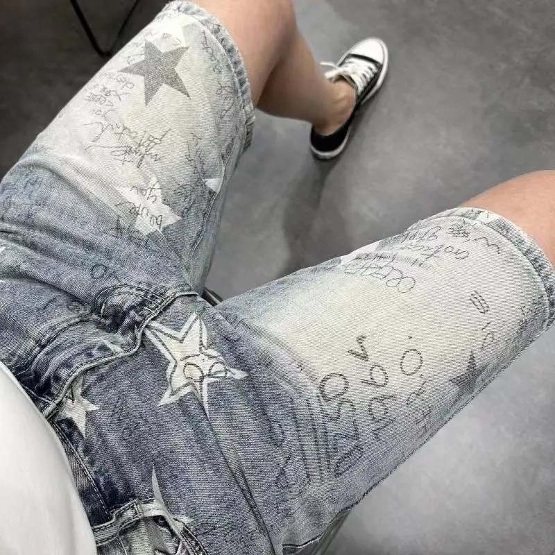 Vintage Denim Knee Length Shorts for Men Summer Casual Washed-Out Printed Jeans Skinny Fit Retro Designer Boyfriend Short Jeans