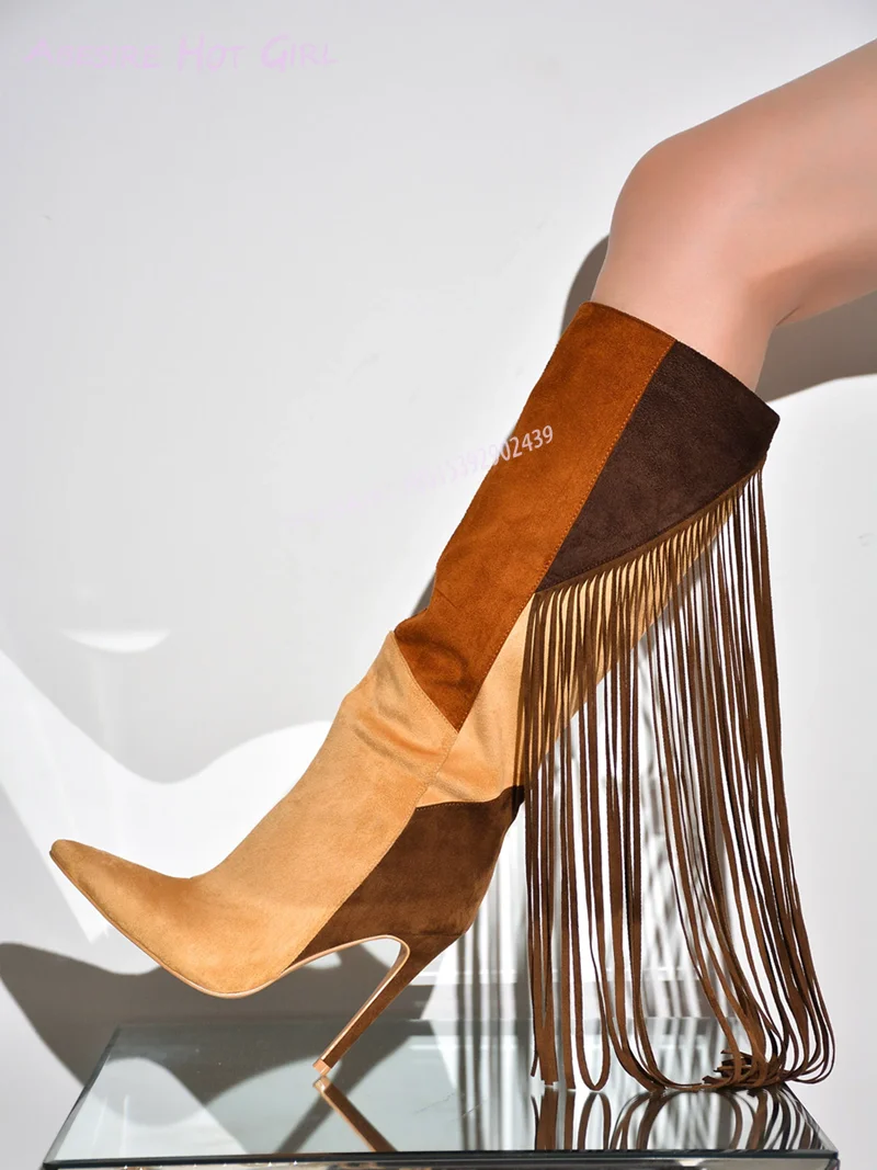 

Fringe Suede Knee High Boots Women Brown Stiletto Heel Patchwork Pointed Booties Casual Elegant Versatile Dress Shoes Loose Slip