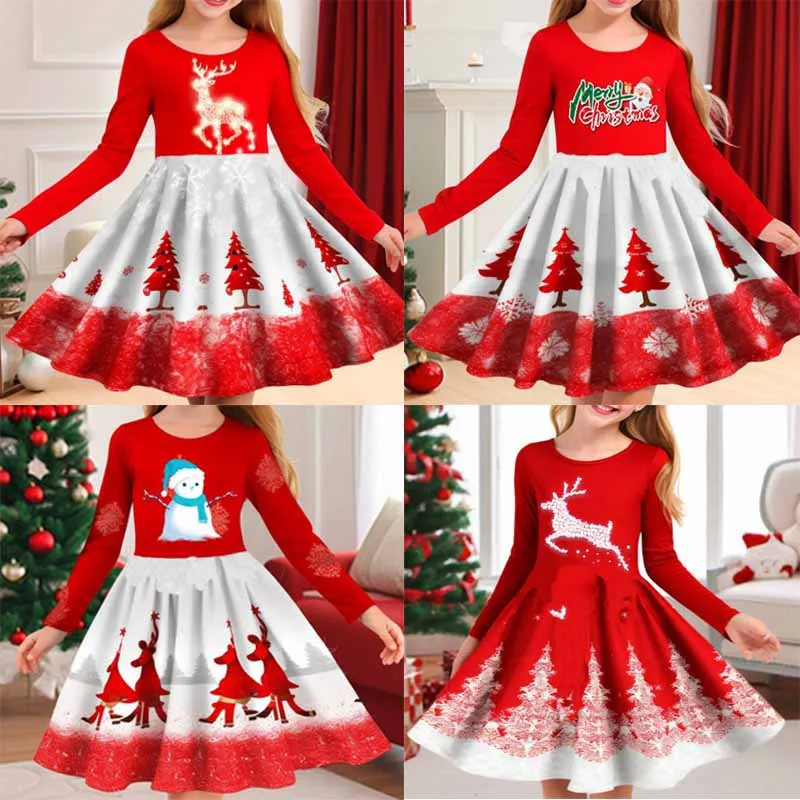 Children Christmas Princess Dress New Girls Role Dressing Up Kids Party Gown Vestidos  Xmas Cartoon Print Clothing 3-10 Years