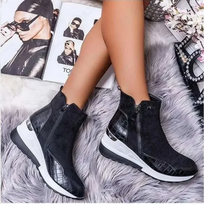 2024 Autumn Winter High Top Vulcanize Shoes  Platfrom Wedges Shoes Zipper Chunky Sneakers Female Shoes Plus Size