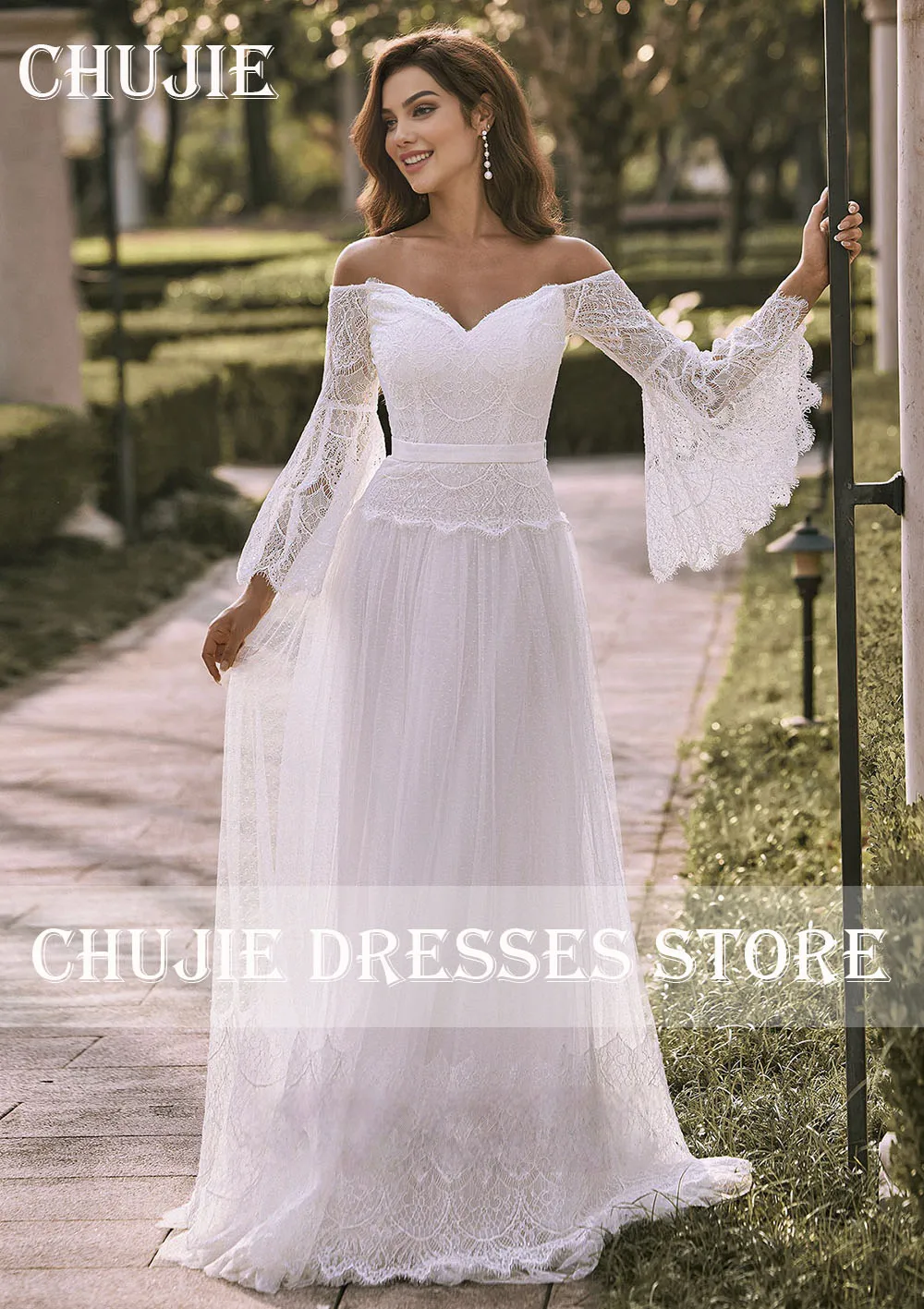 Robes de mariée évasées à manches longues, ligne A blanche plissée, robe de mariée élégante personnalisée pour femmes