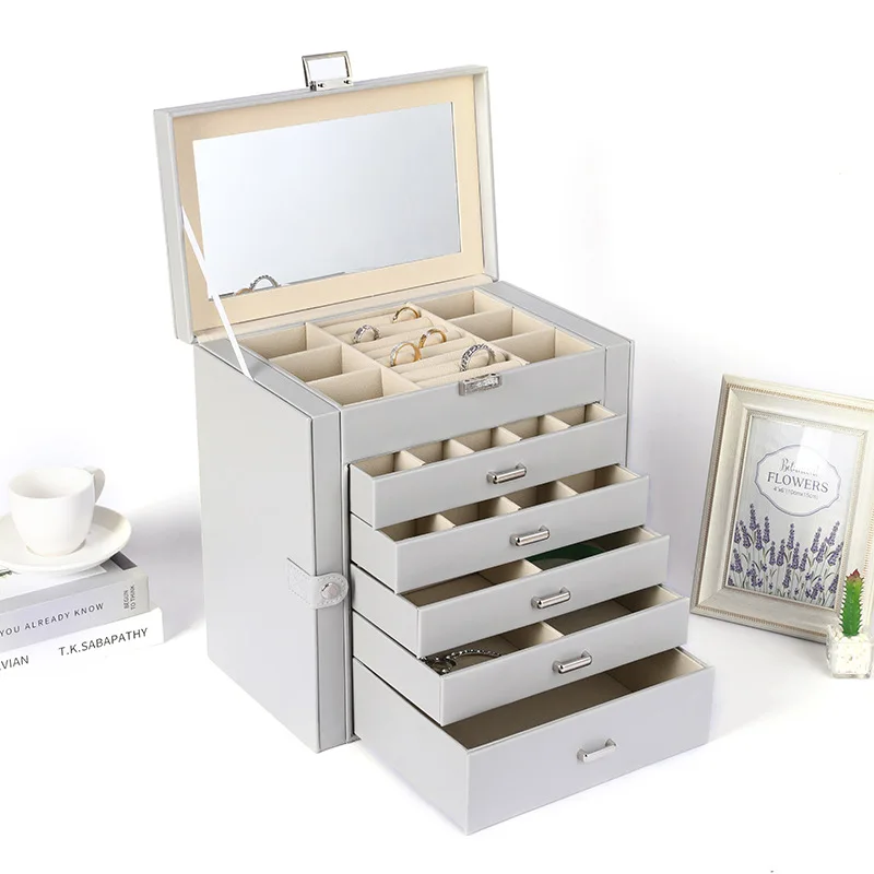 صندوق تخزين مستطيل ذو سعة كبيرة مكون من 6 طبقات، درج فاخر متعدد الطبقات للقلادة والقرط والإكسسوارات وصندوق تخزين المجوهرات
