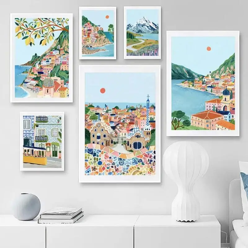 Pintura en lienzo artística de Barcelona, Santorini, Italia, Nueva Zelanda, Japón, Impresión de póster de estilo nórdico, imágenes de pared para sala de estar