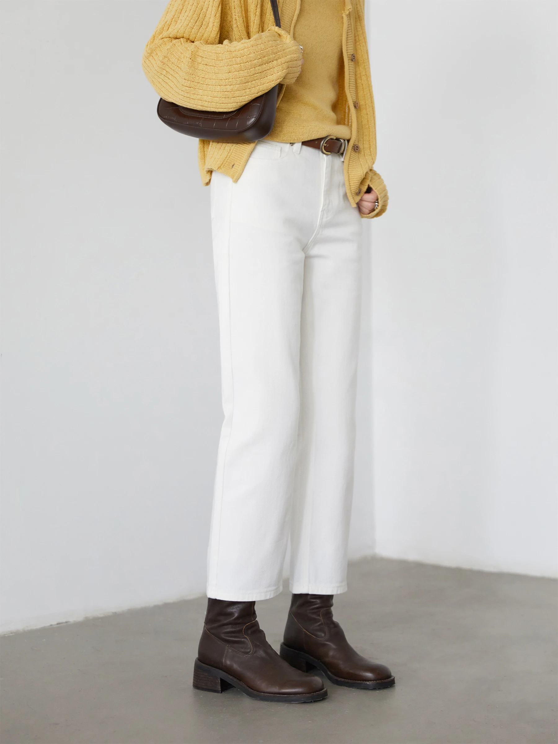 شيك فين النساء السراويل البيضاء ضئيلة عالية الخصر القطن مستقيم الساق عادية سليم الساق الجينز فتاة بنطلون ربيع الخريف 2025 #6