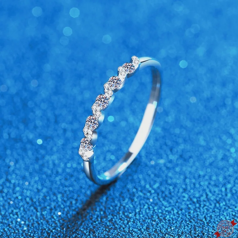 

0.198ct Moissanite S925 Silver Rings for Women Plated Platinum Water Ripple Wedding Diamond Band Lover's Gift Jewelry Wholesale