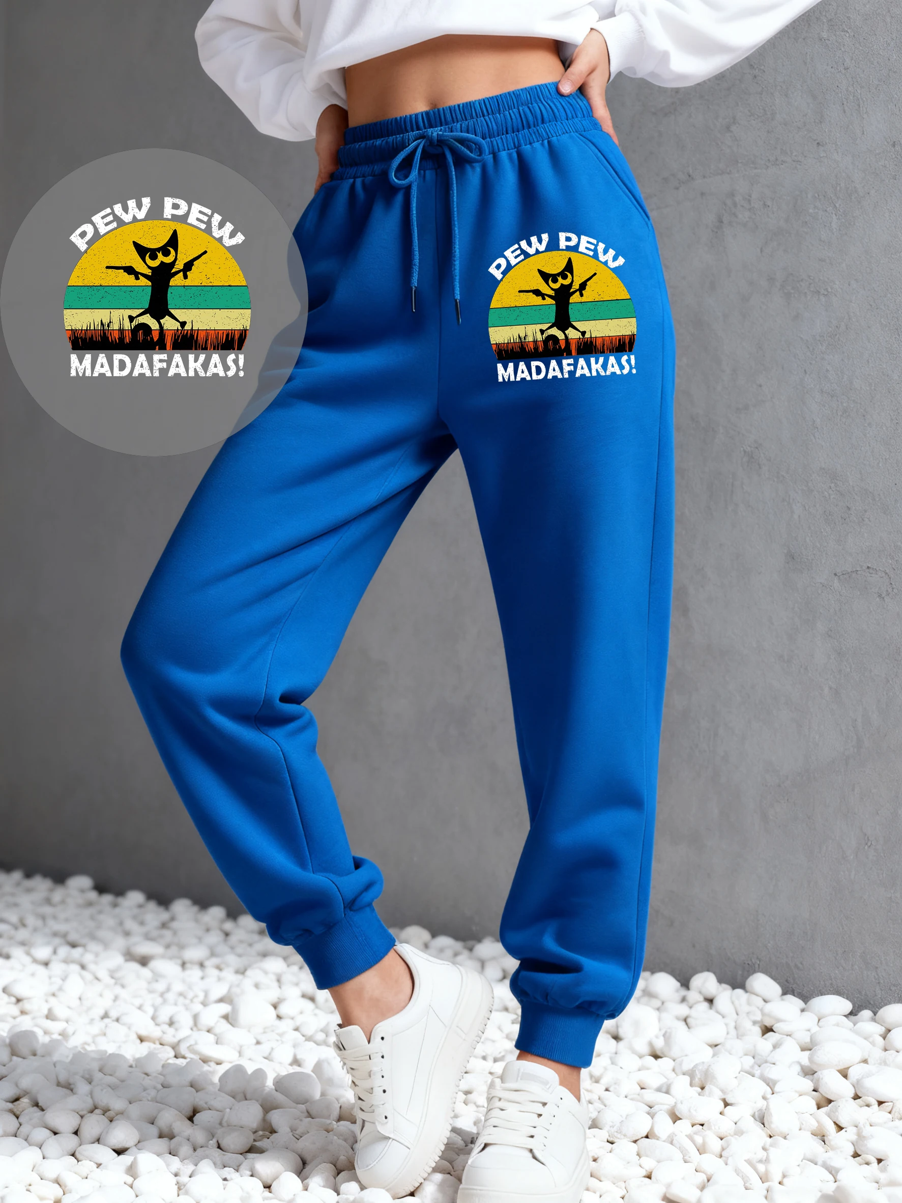 بيو بيو بيو Madafakas القط الطباعة النساء السراويل جيب الركض بانت ملابس الخريف غير رسمية الصوف الدافئة الإناث Sweatpants