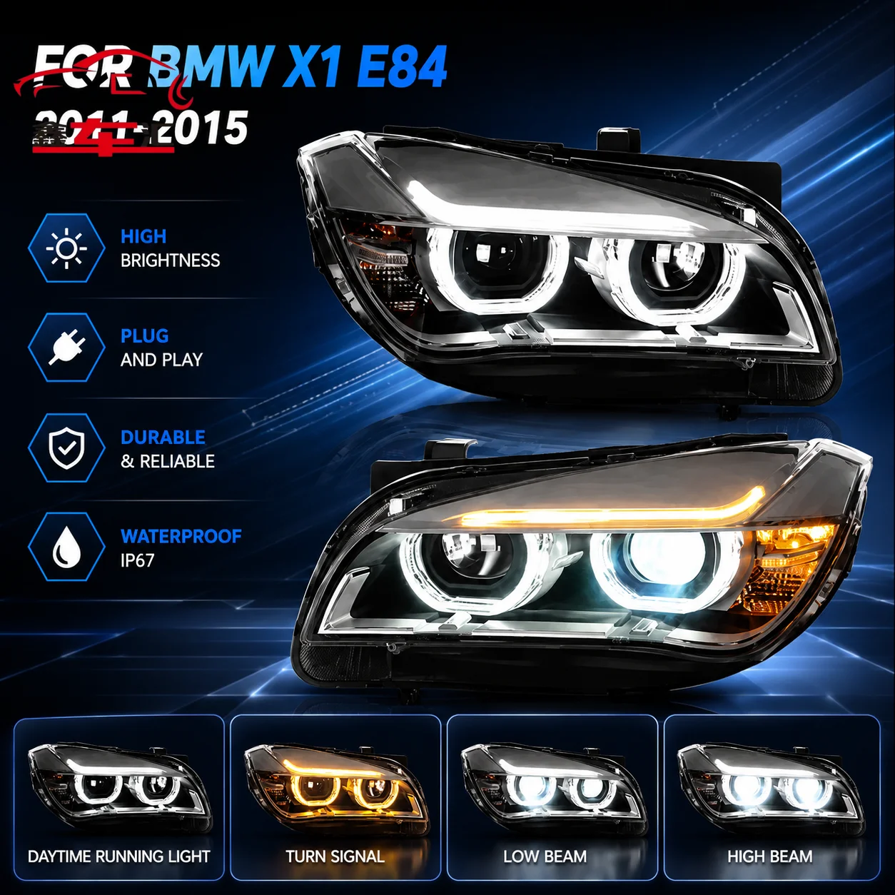 

Car DRL LED Headlight Light Assemblies For BMW X1 E84 2011-2015 Auto Fog DRL Brake Turn Signal Lamp Plug and Play