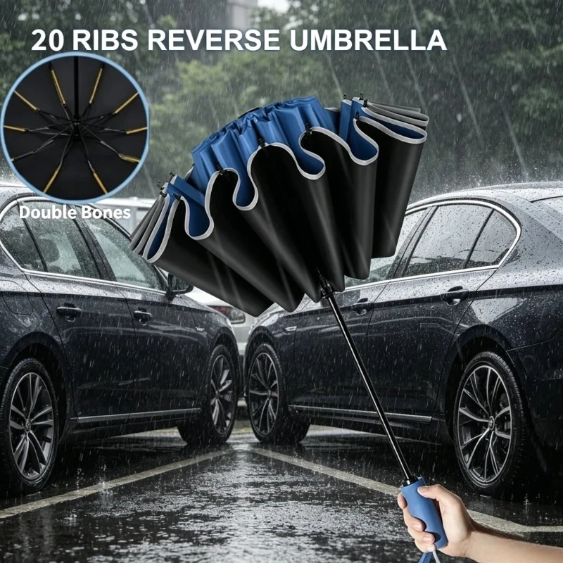 20-Rippen Vollautomatischer Umkehr-Faltschirm mit Windfestem Reflektorstreifen UV-Schutz Regenschirm