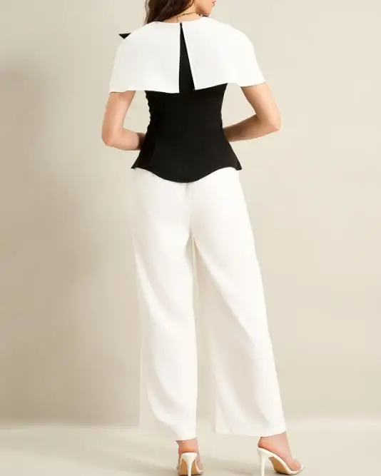 قطعتين مجموعة النساء الزي 2026 ربيع جديد أنيق أبيض وأسود التباين جولة الرقبة تي شيرتات قصيرة الاكمام و سراويل تقليدية مجموعة